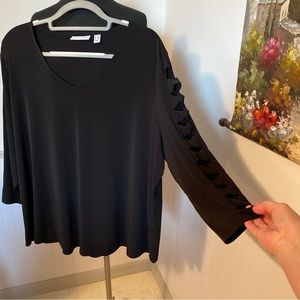 Susan Graver Cut Out 3/4 Sleeve Pullover Black Top 2X